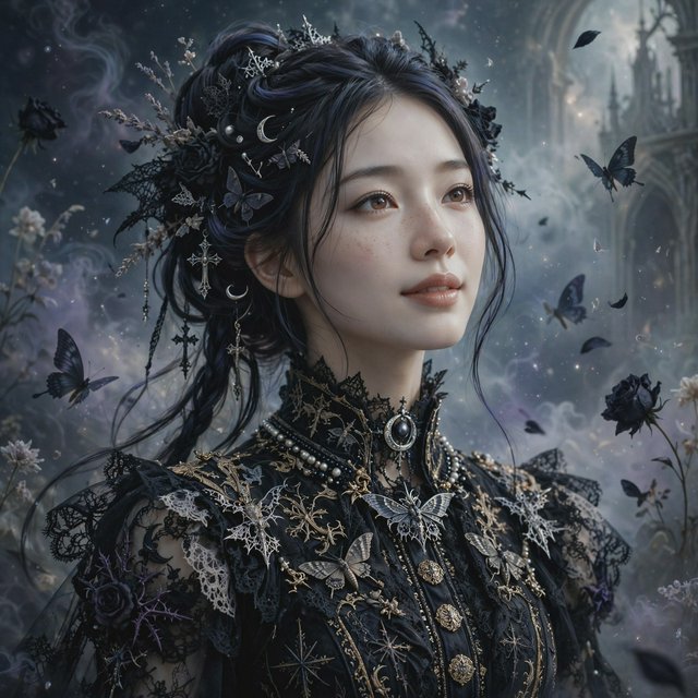 Surreal, ethereal East Asian adult beauty, 21 years old, in maximalist Gothic attire, with the most beautiful expression. — Muse Image 1.0