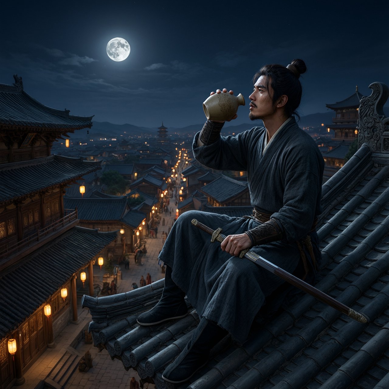 A lone Chinese swordsman sits on a tiled rooftop in ancient China at night, gazing over a lantern-lit city while drinking from a ceramic wine flask, moonlight bathing the quiet scene. — Qwen Image 3.0 Pro