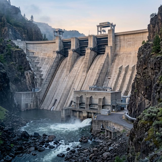 A broad hydroelectric dam in contemporary Brutalist engineering style spans a rocky gorge, its pale concrete face anchored by dark basalt abutments and steel gates; cool dawn light, viewed from downstream, with convincing load-bearing geometry. — Model 15