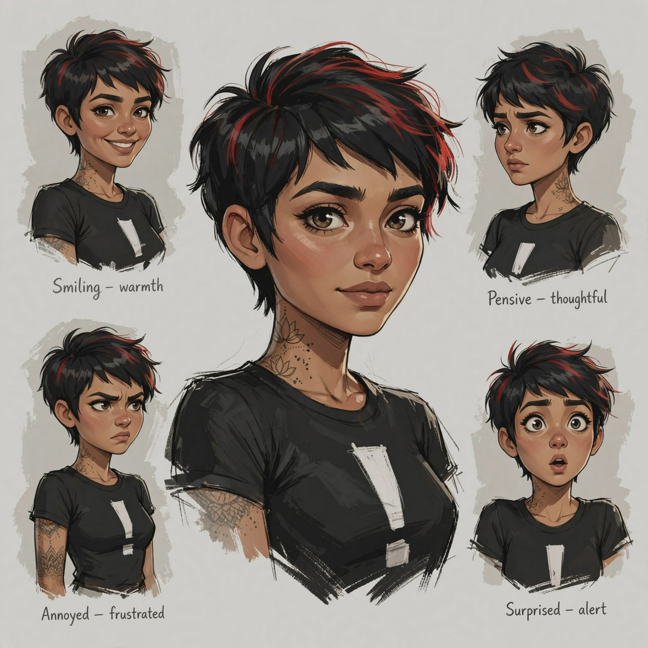 Character exploration sheet of the same 25-year-old Indian woman in several bust and waist-up studies, varied expressions and three-quarter views, one larger central portrait. Warm brown skin, black pixie haircut with red streaks, tattoos, tight T-shirt bearing an exclamation mark (!). Plain warm light-gray background, irregular painted edges. Stylized semi-realistic digital painting with animation-inspired proportions, large expressive eyes, strong brows, simplified anatomy and convincing volume. Minimal linework, soft blended facial shading, broad angular brushstrokes on clothing. Luminous warm brown skin with terracotta undertones, subtle blush, restrained highlights. Hair painted in sculpted masses with broad highlights and fine flyaways. Muted charcoal and earthy neutrals, soft directional studio lighting, detailed eyes and lips, loose edges and unfinished brushwork. — Muse Image 1.0