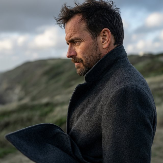 Wind lifts the hem of a charcoal wool coat as an adult man in his late 40s keeps a pensive gaze. The portrait frames him against a windswept coastal bluff beneath cool, cloud-filtered daylight. — Krea 2 Large