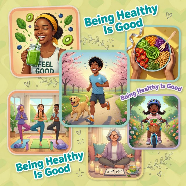 An image relating to good health and happiness. The words “Being Healthy Is Good” appear in the background at least a couple of times. 4–7 moments. — Grok Imagine Image Quality