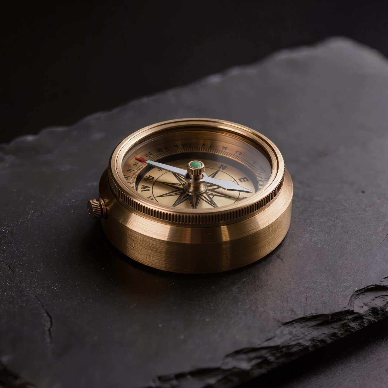 A compact brass pocket compass rests on black slate, its satin-metal casing and clear glass cover catching a broad diffused key and narrow warm rim light against a deep charcoal background; an unbranded commercial product image, blank face without lettering. — Kling v3