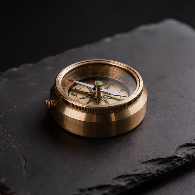 A compact brass pocket compass rests on black slate, its satin-metal casing and clear glass cover catching a broad diffused key and narrow warm rim light against a deep charcoal background; an unbranded commercial product image, blank face without lettering. — Kling v3