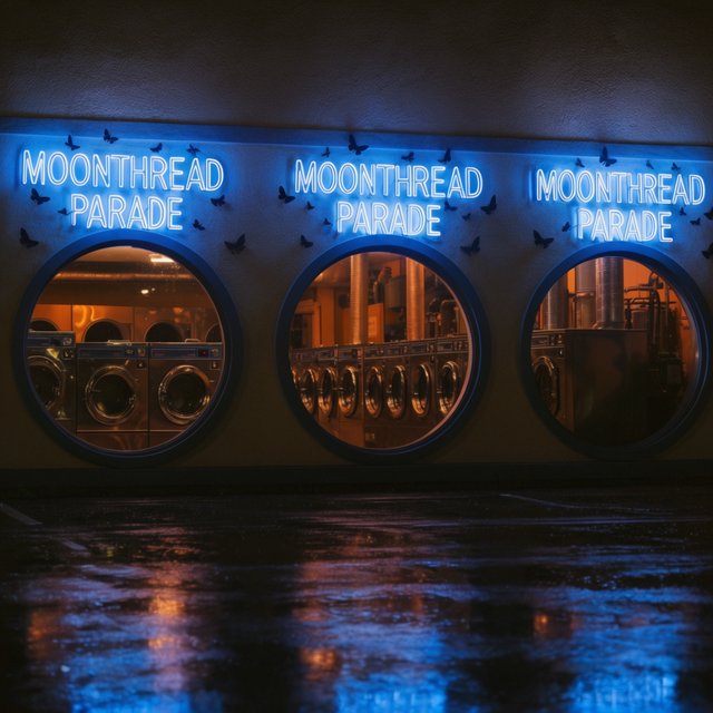 At midnight, moths circle the laundromat’s glowing round windows while chrome washing machines gleam inside; “MOONTHREAD PARADE” shines in icy blue neon above the entrance, reflected across the wet pavement, with no other lettering visible. — Krea 2 Large