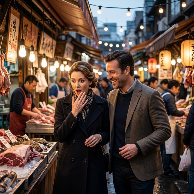Glamorous adult couple browsing an exotic meat market. The woman has a look of pure surprise at what is on sale. The man just laughs at her reaction! The market is busy and well lit. — Nano Banana 2.1