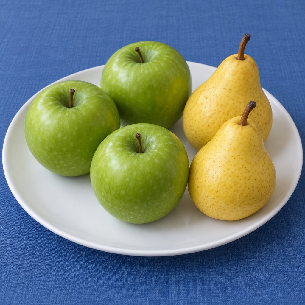 Exactly three green apples and two yellow pears on a white plate, the plate on a blue tablecloth, nothing else on the table. — GPT Image 2.5 Sunburst