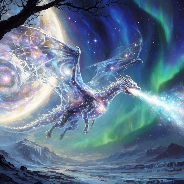 A majestic dragon made of pure starlight and frozen cosmic dust, soaring through a celestial winter landscape. Its scales shimmer with the light of a thousand galaxies, and its breath is a trail of icy comets. The background features swirling aurora borealis over a frozen, mountainous terrain. The style is a blend of painterly fantasy art and surrealism. — Krea 2 Large
