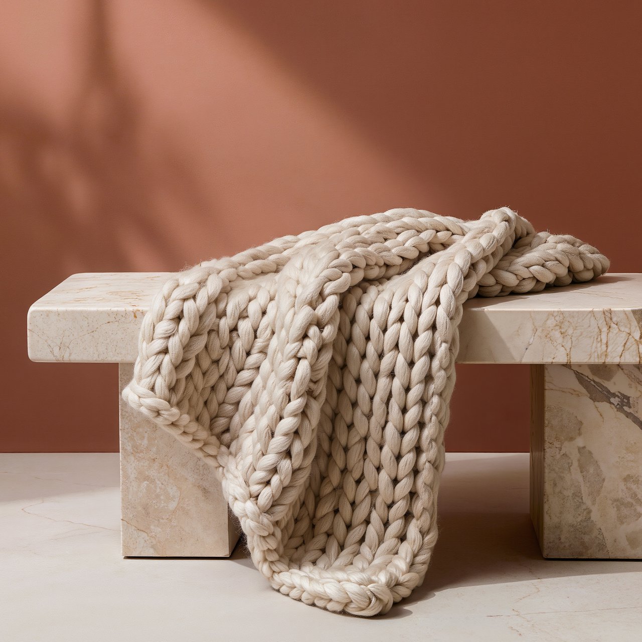 Soft folds of an unbranded chunky-knit wool throw rest on a pale travertine bench; its looped surface catches broad diffused key light and gentle side fill against a muted terracotta studio background, forming a clean commercial product image with no lettering. — Kling v3