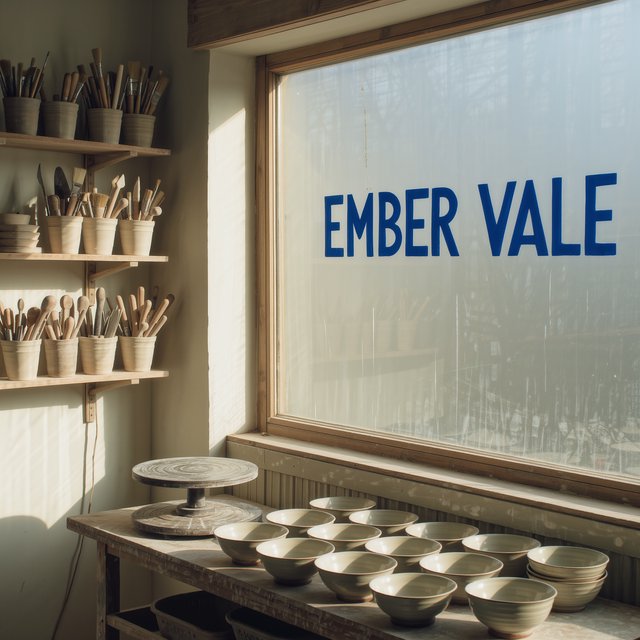 Inside a sunlit ceramics studio, glazed bowls dry beside a turning wheel and shelves of clay tools; "EMBER VALE" is painted in cobalt capitals on the front window. — Kling v3 Omni