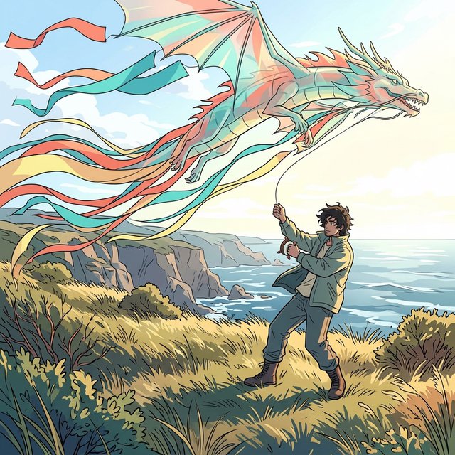 Cel-shaded anime illustration of an adult kite maker testing a vast translucent dragon-shaped kite on a windy coastal bluff, ribbons streaming above wild grasses and distant cliffs. Palette of coral, turquoise, butter yellow, and deep blue, with clean contours and a luminous sky. — Nano Banana 2.1