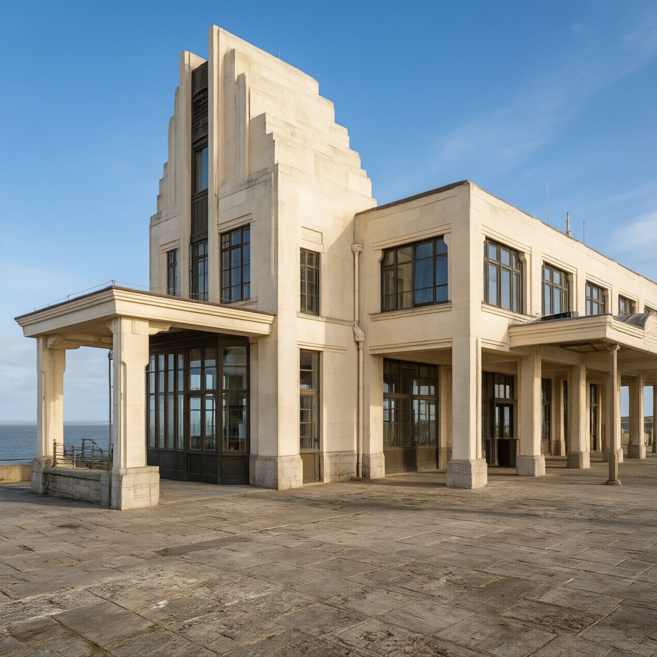 Exterior of a coastal Art Deco ferry terminal, cream limestone, dark bronze window frames, stepped geometric tower and sheltered arcade, late-morning sunlight casting sharp shadows, viewed from across a windswept stone forecourt, realistic architectural photography with precise lines and plausible structure. — Qwen Image 3.0