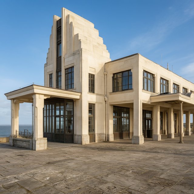 Exterior of a coastal Art Deco ferry terminal, cream limestone, dark bronze window frames, stepped geometric tower and sheltered arcade, late-morning sunlight casting sharp shadows, viewed from across a windswept stone forecourt, realistic architectural photography with precise lines and plausible structure. — Qwen Image 3.0