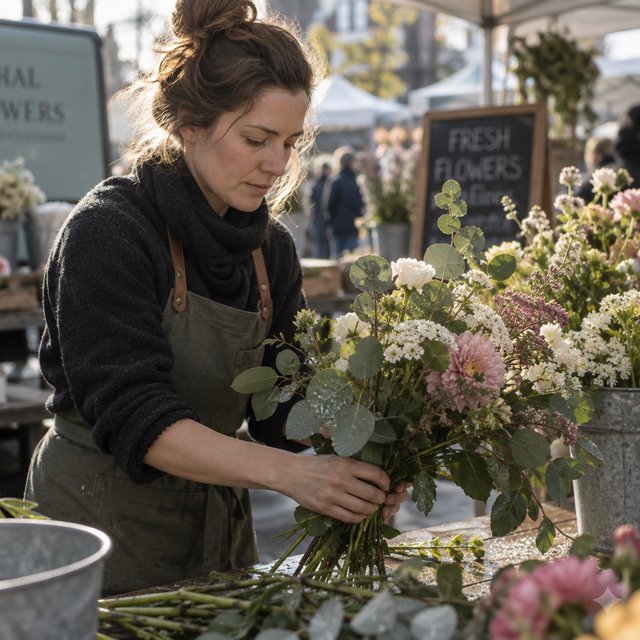 Candid documentary photograph of an adult florist arranging loose stems at an outdoor market stall, soft early-morning side light, 50mm lens with shallow depth of field, tiny water droplets beading on the cut leaves. — GPT Image 2.5 Sunburst