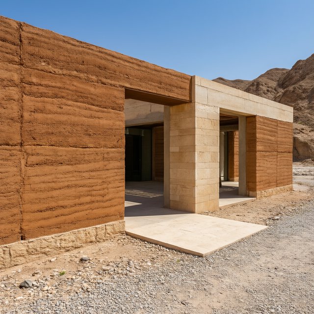 A contemporary desert visitor pavilion built from rust-colored rammed earth and pale limestone sits beside a dry wadi; deep shaded openings frame the courtyard. Hard midday sun, viewed from the gravel approach, crisp geometry and believable construction. — Qwen Image 3.0