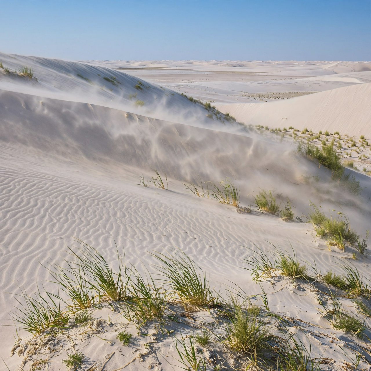 A pale gypsum dune field beneath a wind-brushed, cloudless midday sky, fine sand streaming over steep ridges; delicate ripple patterns and scattered salt-tolerant grasses sharpen the foreground as dunes soften toward a distant basin. — Muse Image 1.0