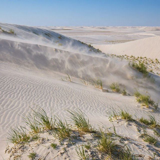A pale gypsum dune field beneath a wind-brushed, cloudless midday sky, fine sand streaming over steep ridges; delicate ripple patterns and scattered salt-tolerant grasses sharpen the foreground as dunes soften toward a distant basin. — Muse Image 1.0