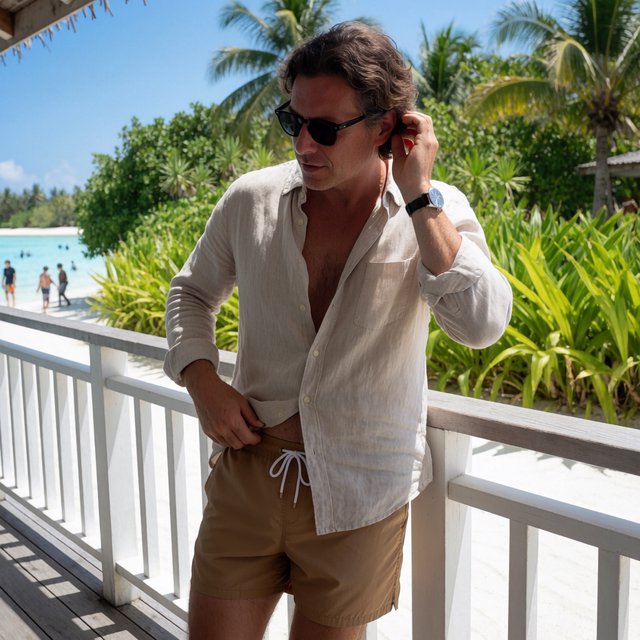 At a sunlit island veranda, an adult man in teal swim shorts and a sand-colored linen shirt is caught fastening his watch, crisp noon light and relaxed tailoring lending fashion-magazine polish. — Krea 2 Medium