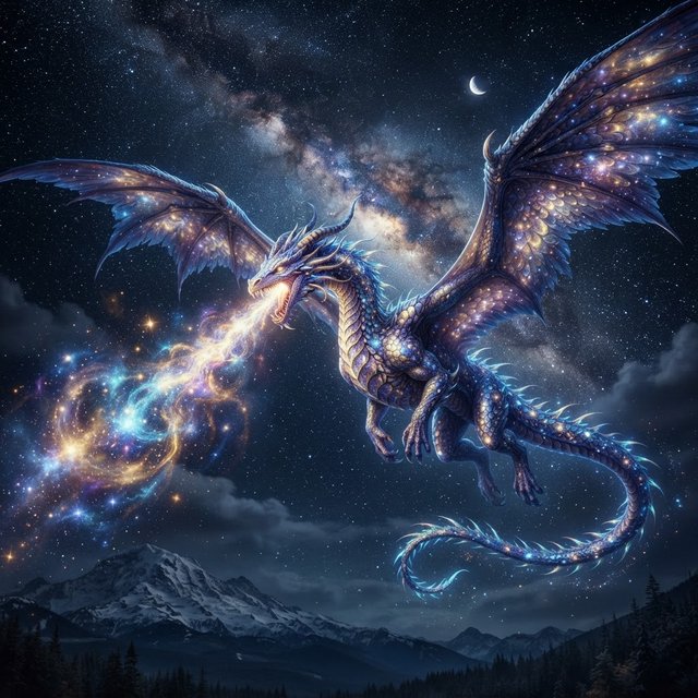 A beautiful, ethereal dragon flying through the skies breathing star flames. Detailed scales. — Nano Banana 2 Lite
