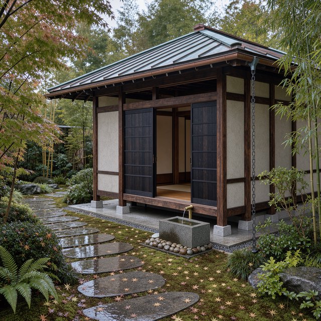 Exterior of a Kyoto-inspired contemporary teahouse in restrained Japanese timber architecture, charred cedar screens, pale granite, and a copper-clad roof; soft rain-bright afternoon light, viewed obliquely from a moss garden path, precise joinery and credible structure. — FLUX 3 Image