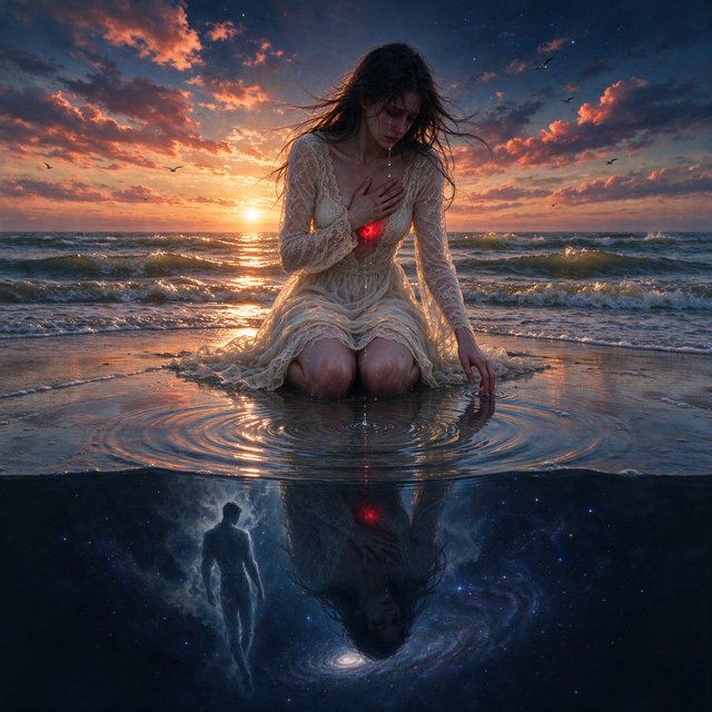 Cinematic, photorealistic artwork of a sorrowful young woman in a flowing ivory lace dress kneels in shallow surf at the waterline during sunset. Her long, windblown dark hair frames her downcast face; a tear flows down her cheek and into the water, one hand presses against her chest, glowing faintly crimson to suggest her still-beating heart, while her other fingertips touch the water. The world behind her remains beautiful: a golden sun shines over restless waves, seabirds cross the sky, and fiery peach clouds fade into star-filled indigo. In the wet sand, her reflection becomes a dark cosmic void. Stars ripple around a fading, ghostlike image of her partner deserting her and dissolving into darkness. The tear forms concentric ripples, disturbing an entire universe. Contrast warm golden life above with cool blue-black devastation below. Natural cinematic lighting, detailed water reflections, realistic anatomy, restrained grief. No text, borders, or collage. — Seedream 5.0 Flash