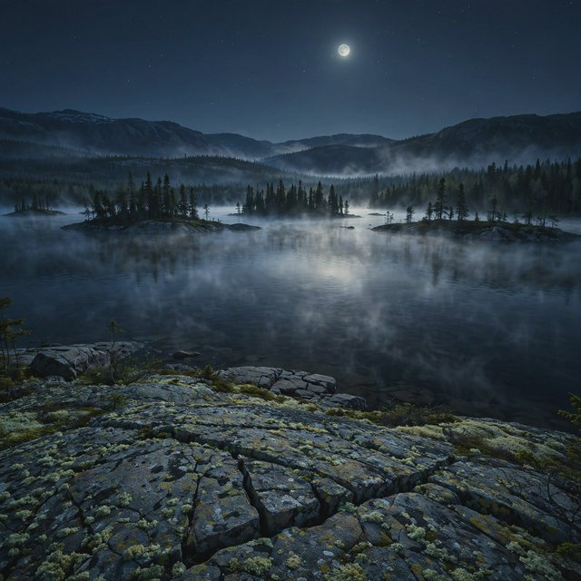 An expansive boreal lake beneath a clear, cold midnight sky, pale moonlight catching thin mist above dark water; spruce-covered islands recede toward distant ridges, while lichen and cracked granite sharpen the near shoreline. — Muse Image 1.0