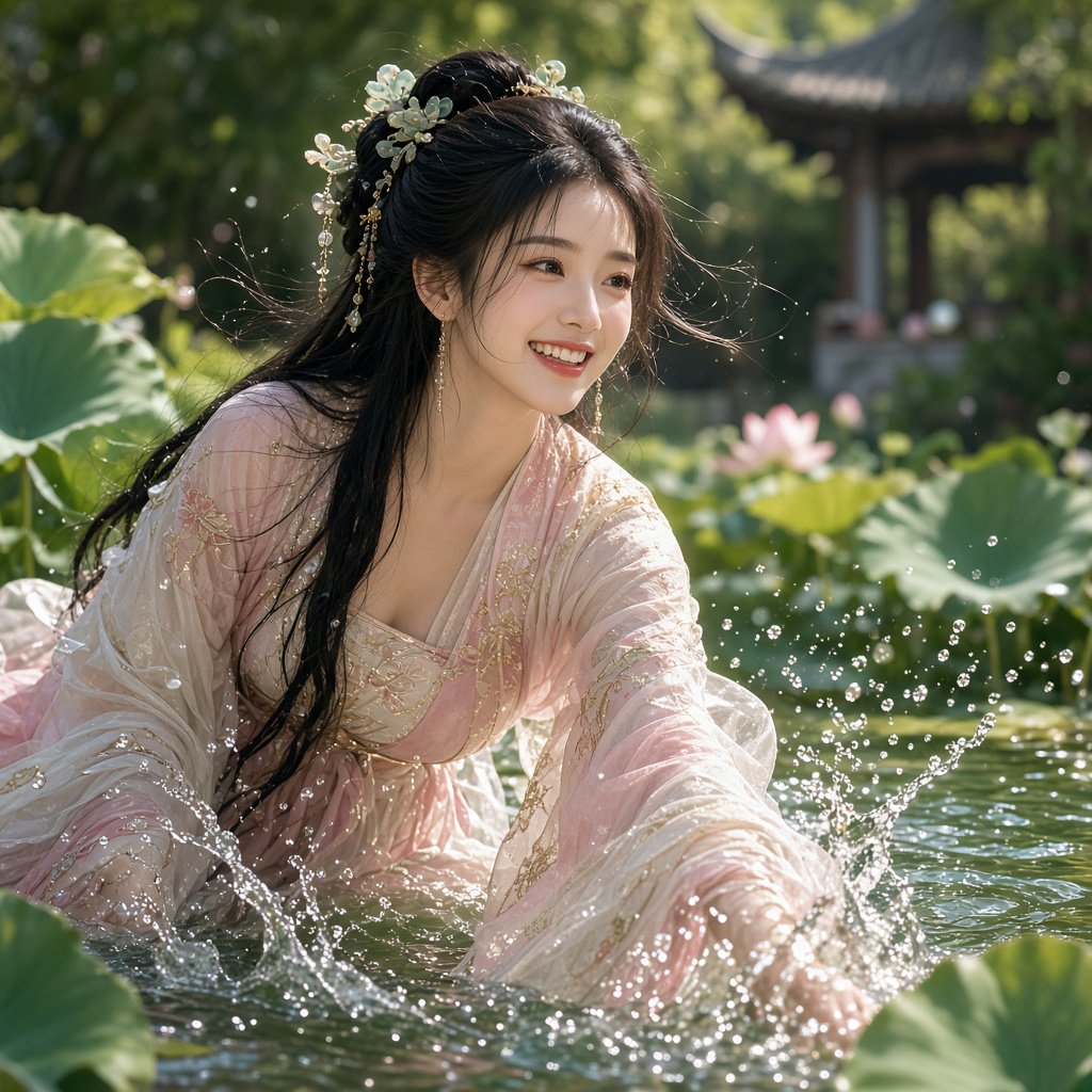 Cinematic shot, a breathtakingly stunning adult Chinese woman from ancient times playing joyfully by a crystal-clear lotus pond, mid-summer afternoon. She is wearing an exquisite, flowing silk Hanfu dress in pastel pink and white with intricate gold embroidery. Her face is porcelain-smooth, with delicate makeup, long black hair elegantly styled with jade hairpins, and a radiant, charming smile. Water droplets frozen in mid-air, sunlight filtering through lush green lotus leaves, creating dappled light on her skin. Shallow depth of field, bokeh background of traditional Chinese architecture, hyper-realistic, soft natural lighting, serene yet playful atmosphere. — Grok Imagine Image 2