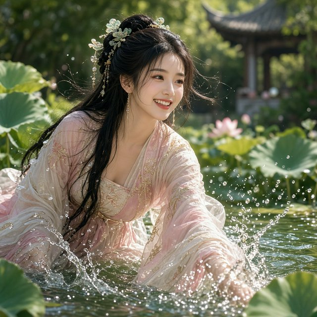 Cinematic shot, a breathtakingly stunning adult Chinese woman from ancient times playing joyfully by a crystal-clear lotus pond, mid-summer afternoon. She is wearing an exquisite, flowing silk Hanfu dress in pastel pink and white with intricate gold embroidery. Her face is porcelain-smooth, with delicate makeup, long black hair elegantly styled with jade hairpins, and a radiant, charming smile. Water droplets frozen in mid-air, sunlight filtering through lush green lotus leaves, creating dappled light on her skin. Shallow depth of field, bokeh background of traditional Chinese architecture, hyper-realistic, soft natural lighting, serene yet playful atmosphere. — Grok Imagine Image 2