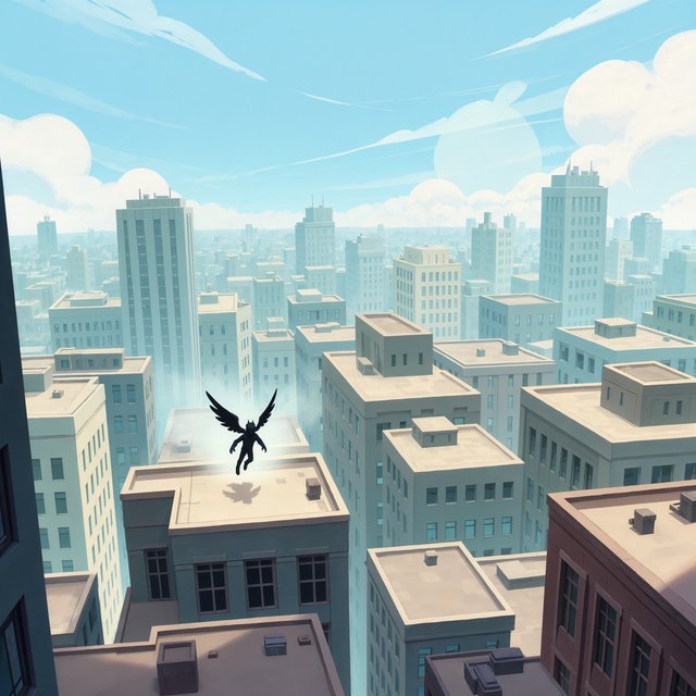 Clean cel-shaded painted cityscape, wide high-angle elevated rooftop level shot looking out over dense modern downtown office buildings, small dark winged figure hovering above central midground rooftops, pale overcast deep blue sky with wispy white clouds, diffused even daylight lighting with soft subtle ambient shadows, muted cool grey, beige, blue building facades with uniform office windows, flat concrete building rooftops, receding hazy distant city skyline with atmospheric perspective, eye level relative to building tops, no outlines, smooth flat color rendering, no grain. — Kling v3 Omni