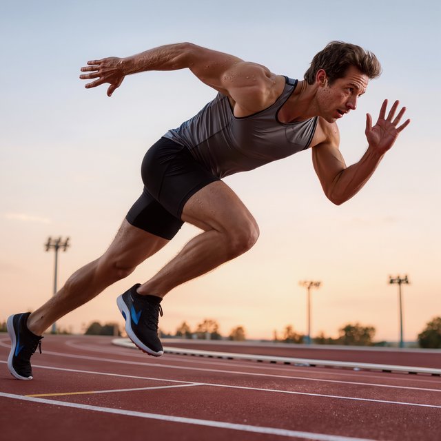 Adult male athlete in running shorts and a tank top mid-sprint on an outdoor track at dawn, muscles defined, motion captured sharply. — Kling v3