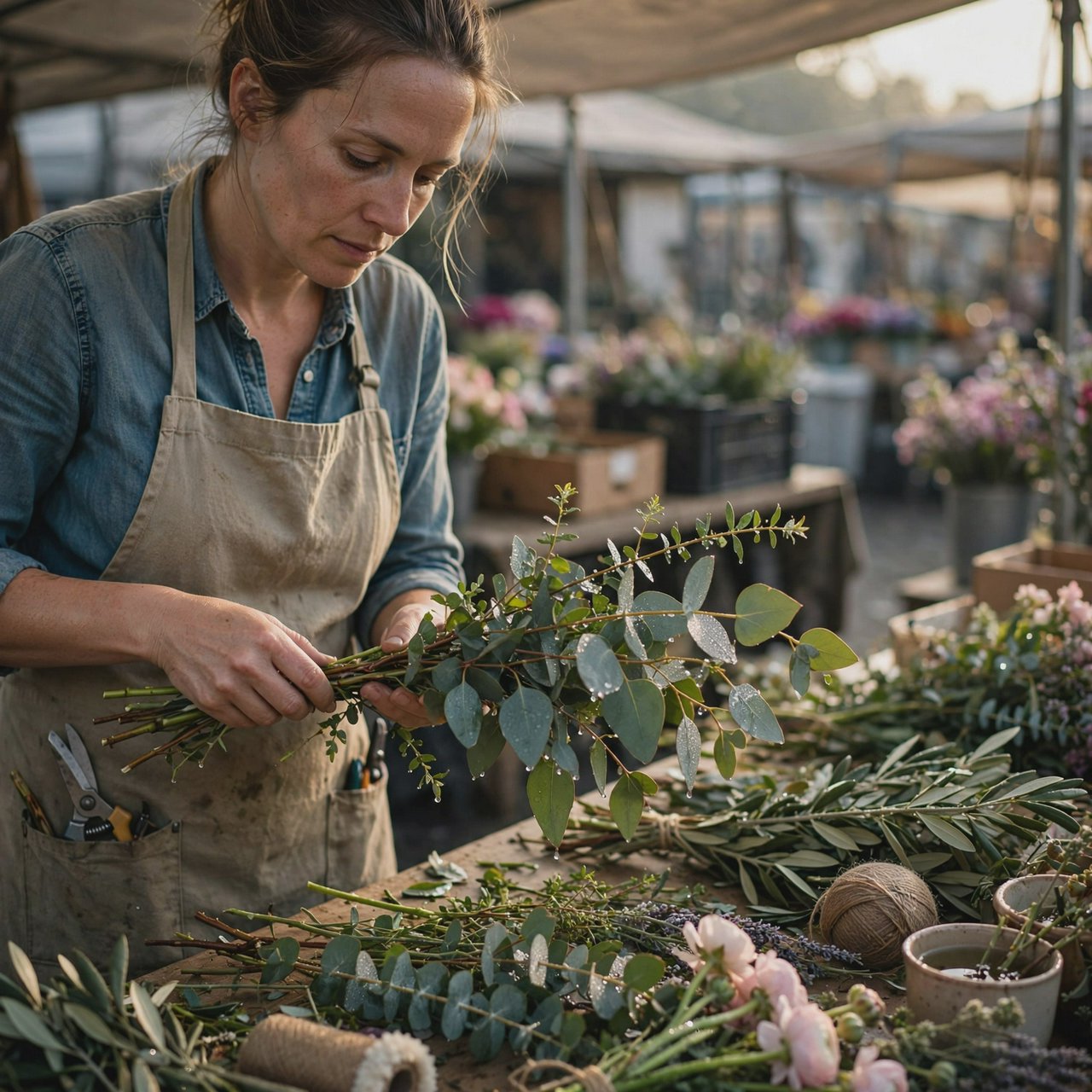 Candid documentary photograph of an adult florist arranging loose stems at an outdoor market stall, soft early-morning side light, 50mm lens with shallow depth of field, tiny water droplets beading on the cut leaves. — Muse Image 1.0