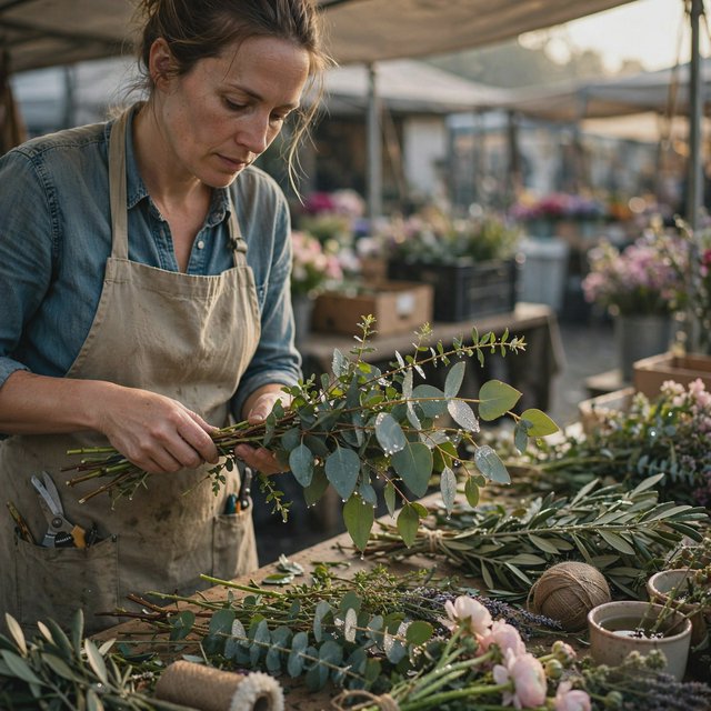 Candid documentary photograph of an adult florist arranging loose stems at an outdoor market stall, soft early-morning side light, 50mm lens with shallow depth of field, tiny water droplets beading on the cut leaves. — Muse Image 1.0