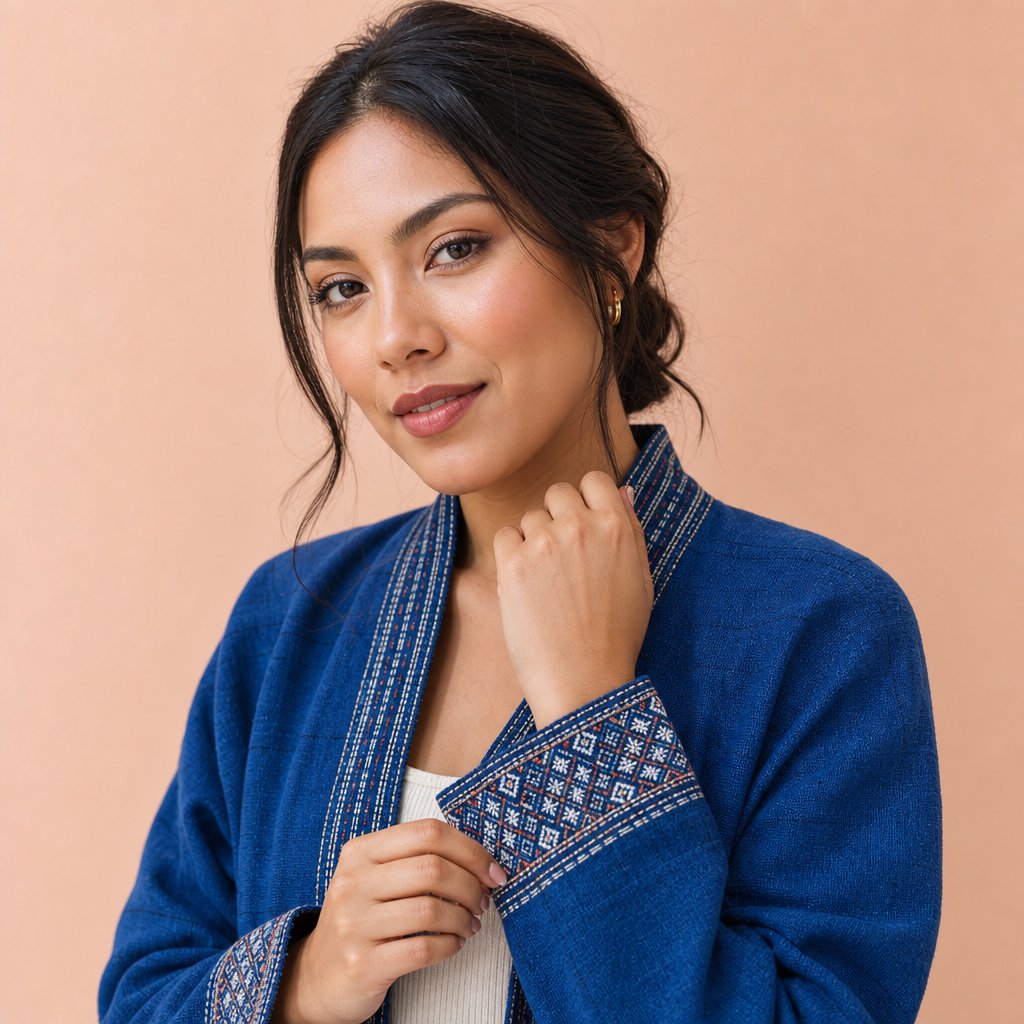 Fashion portrait of an adult Latina woman in her late 20s wearing a handwoven cobalt-blue cotton jacket, one hand touching its embroidered cuff, curious half-smile, against a pale peach studio backdrop, soft diffused window light shaping her face. — GPT Image 2