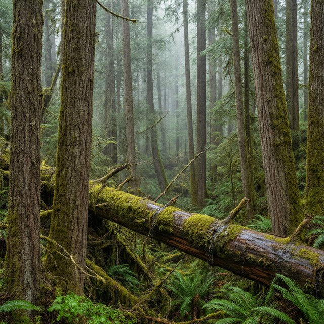 Between cedar trunks, a moss-covered fallen giant bridges a fern-filled ravine in steady dawn drizzle; shredded bark, rain-dark lichen, and tiny rivulets stand crisp nearby while successive trees dissolve into green mist. — Qwen Image 3.0