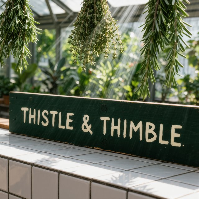 At a neighborhood greenhouse café, sunlight filters through hanging herbs above a tiled counter; "THISTLE & THIMBLE" is painted in hand-lettered cream script across a deep green wooden menu board. — Kling v3 Omni
