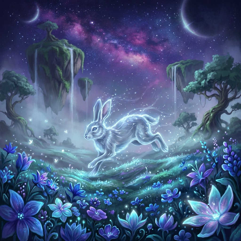 An ethereal rabbit, its fur made of shimmering moonlight, hops through a field of glowing, otherworldly flowers under a sky filled with nebulae. The landscape is dreamlike and surreal, with floating islands in the distance. The style is a delicate digital painting with fantasy elements, evoking a sense of wonder and tranquility. — Nano Banana 2.1