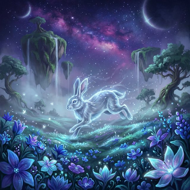 An ethereal rabbit, its fur made of shimmering moonlight, hops through a field of glowing, otherworldly flowers under a sky filled with nebulae. The landscape is dreamlike and surreal, with floating islands in the distance. The style is a delicate digital painting with fantasy elements, evoking a sense of wonder and tranquility. — Nano Banana 2.1