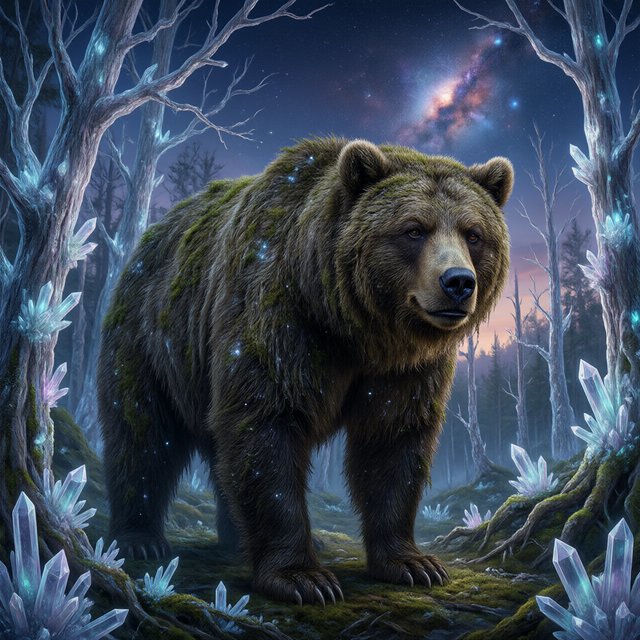 A colossal ancient bear, its fur woven with moss and starlight, stands at the edge of a shimmering, otherworldly forest. The trees are made of crystal and emit a soft, ethereal glow. In the distance, a nebula swirls in the twilight sky. The scene is rendered in a fantasy art style, with surrealist elements and cinematic lighting that emphasizes the majestic scale of nature. — Qwen Image 3.0