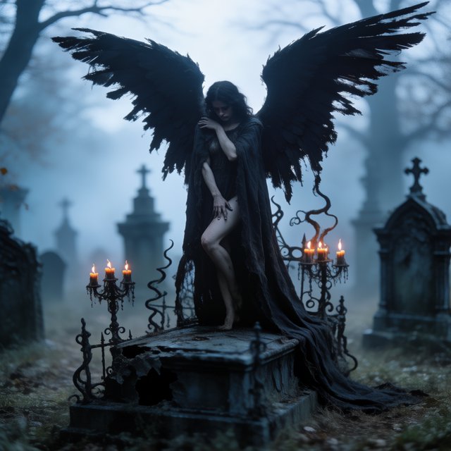A majestic fallen angel with wings like a dark, tattered cloak, poses dramatically on a crumbling, Victorian-era inspired graveyard tomb, surrounded by twisted, black ironwork and flickering, orange candelabras, as if plucked from a haunting, nightmare. — Krea 2 Medium