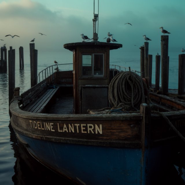 At a quiet harbor, a weathered wooden ferry rests beside slick pilings, ropes coiled on deck as gulls wheel overhead; "TIDELINE LANTERN" is painted in faded ivory letters along the blue hull. — Krea 2 Large