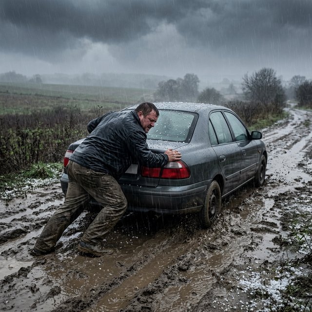 A man is pushing his car, which is stuck in the mud, amid heavy rain in the countryside. The sky is gloomy, and some hail is also falling on the car and the ground. The big man has mud all over his trousers. Show him struggling. — Nano Banana 2.1