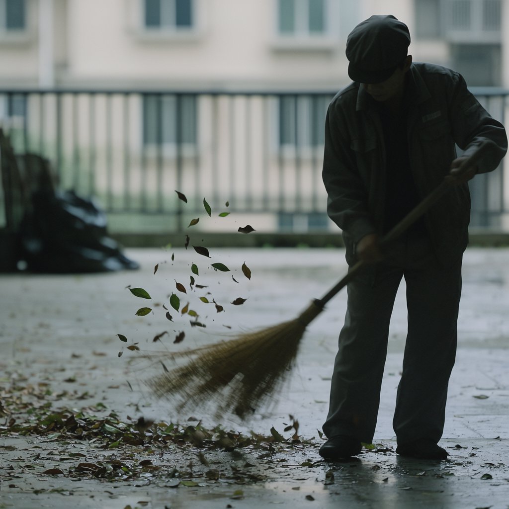 Candid documentary photograph of an adult groundskeeper sweeping damp leaves from an apartment courtyard, pale overcast morning light, 35mm lens with moderate depth of field, a few leaves caught midair in motion blur. — Krea 2 Large