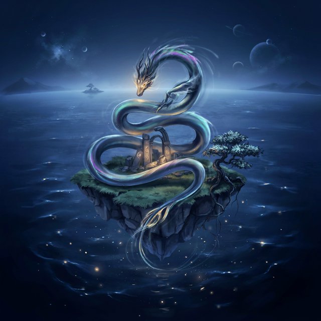 Whispers of mythic power coalesce into a spectral dragon, its form translucent and shimmering with auroral light, coiled around a floating island within a boundless celestial sea. Star-filled oceans stretch to the horizon, dotted with shimmering celestial bodies. The art style blends ethereal fantasy illustration with a subtle nod to ancient mythology, focusing on flowing lines and soft, glowing colors. The atmosphere is one of profound mystery and ancient magic. — Ideogram v4