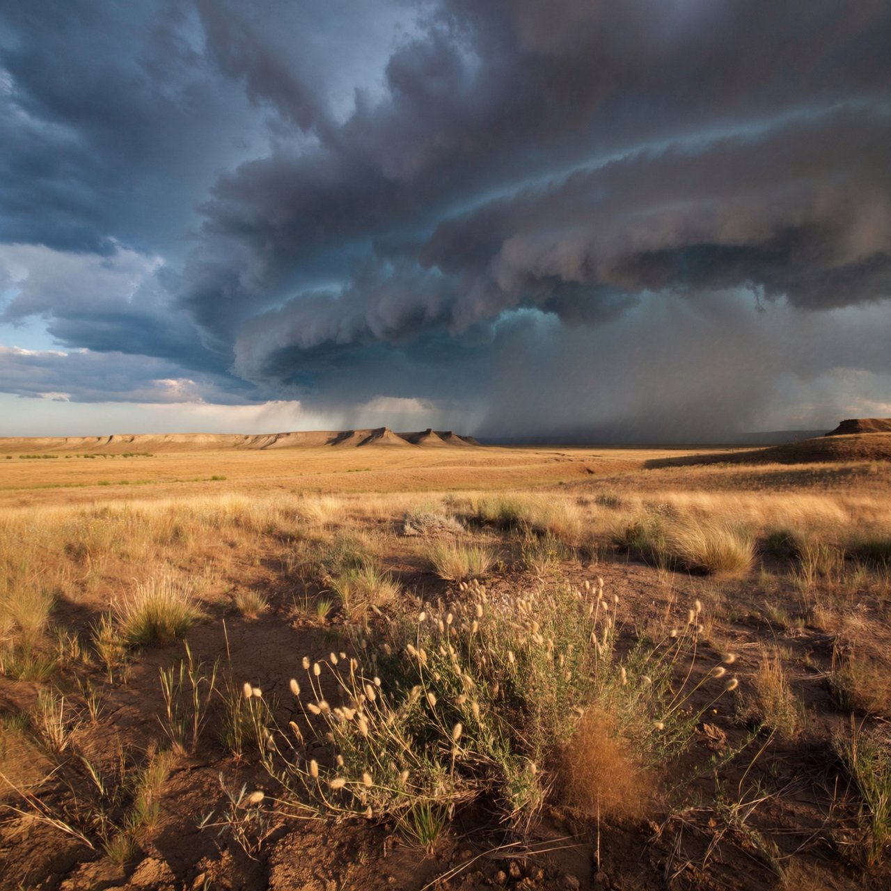 Across a tawny prairie basin, a rotating thunderstorm gathers in the late afternoon beneath bruised clouds, rain veiling distant buttes; seed heads and cracked earth in the foreground contrast with ridges softened by the advancing downpour. — ImagineArt 2