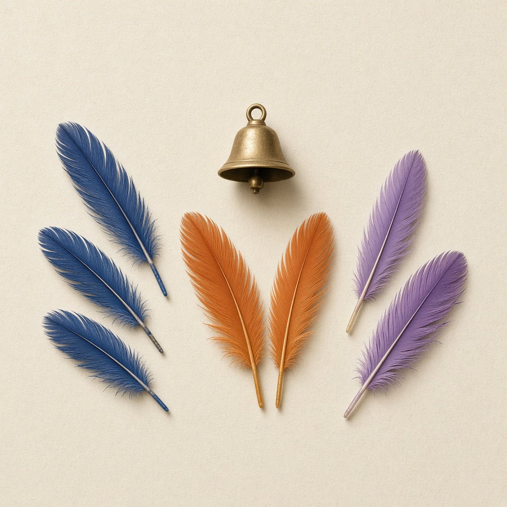 Exactly seven feathers lie on a cream tabletop: three blue on the left, two orange in the center, and two purple on the right. A brass bell sits above the orange pair, nothing else. — Grok Imagine Image 2