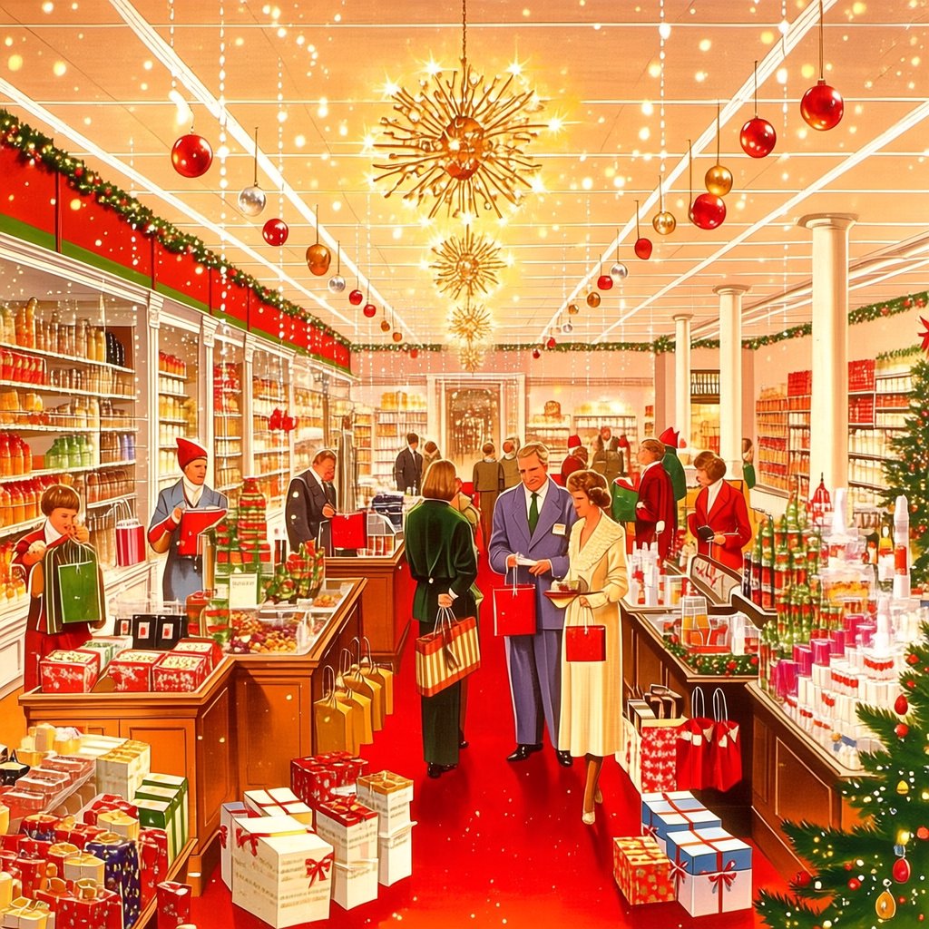 A UK department store in the 1970s at Christmas time. The lighting and decor will be very festive, with staff members dressed in festive outfits. — Midjourney Niji 7