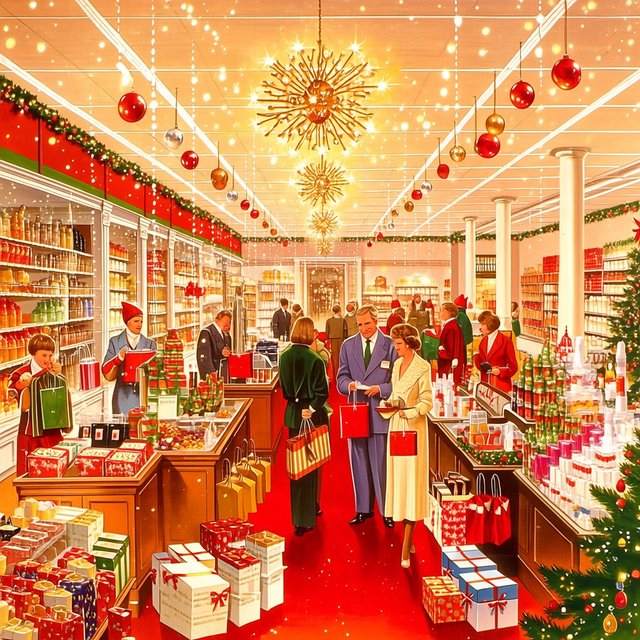 A UK department store in the 1970s at Christmas time. The lighting and decor will be very festive, with staff members dressed in festive outfits. — Midjourney Niji 7