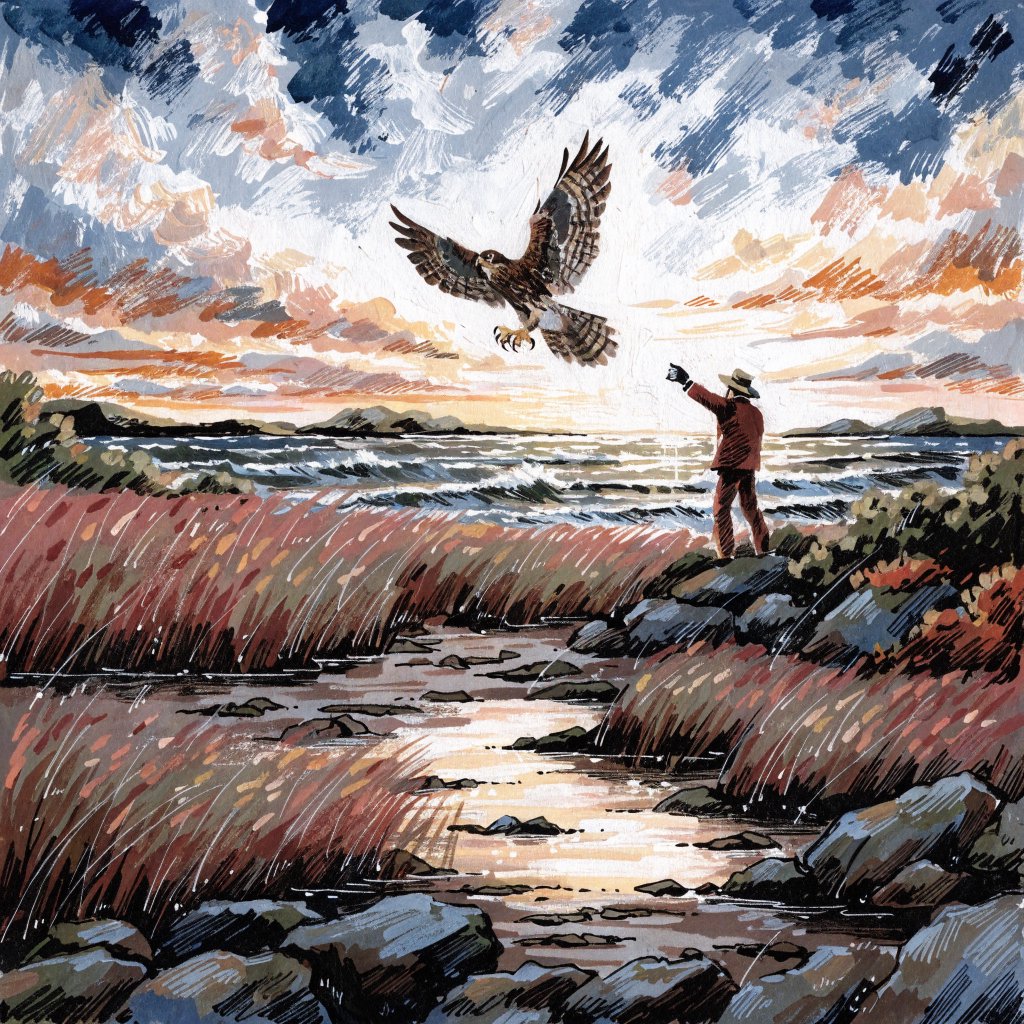 Ink-and-gouache illustration of an adult falconer releasing a hawk above a salt marsh, reeds bending in the wind and tidal pools catching sunset. Palette of rust, moss green, pale gold, and slate blue, with lively brushwork. — Recraft v4