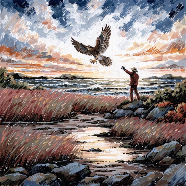 Ink-and-gouache illustration of an adult falconer releasing a hawk above a salt marsh, reeds bending in the wind and tidal pools catching sunset. Palette of rust, moss green, pale gold, and slate blue, with lively brushwork. — Recraft v4