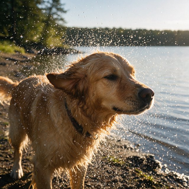 A wet golden retriever shaking off water on a lakeshore, droplets frozen mid-air, backlit by low sun, high shutter speed. — Seedream 5.0 Pro